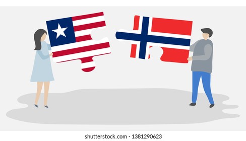 Couple holding two puzzles pieces with Liberian and Norwegian flags. Liberia and Norway national symbols together.