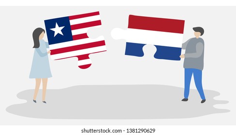 Couple holding two puzzles pieces with Liberian and Dutch flags. Liberia and Netherlands national symbols together.