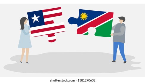 Couple holding two puzzles pieces with Liberian and Namibian flags. Liberia and Namibia national symbols together.