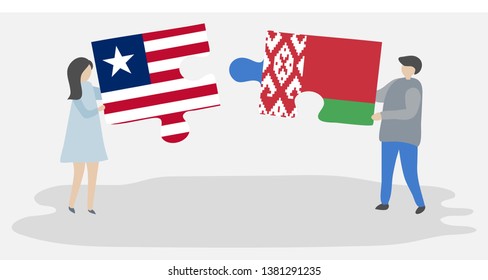Couple holding two puzzles pieces with Liberian and Belarusian flags. Liberia and Belarus national symbols together.