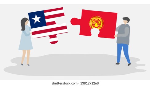 Couple holding two puzzles pieces with Liberian and Kirgiz flags. Liberia and Kyrgyzstan national symbols together.