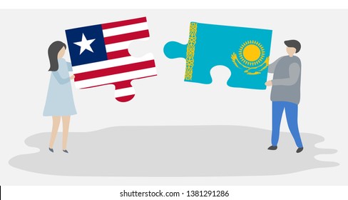 Couple holding two puzzles pieces with Liberian and Kazakh flags. Liberia and Kazakhstan national symbols together.