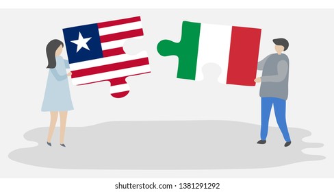 Couple holding two puzzles pieces with Liberian and Italian flags. Liberia and Italy national symbols together.