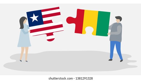 Couple holding two puzzles pieces with Liberian and Guinean flags. Liberia and Guinea national symbols together.