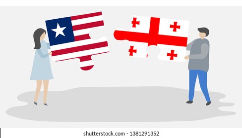 Couple holding two puzzles pieces with Liberian and Georgian flags. Liberia and Georgia national symbols together.