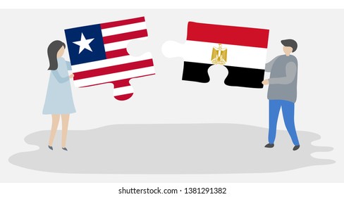 Couple holding two puzzles pieces with Liberian and Egyptian flags. Liberia and Egypt national symbols together.