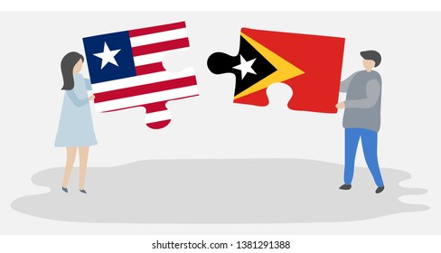 Couple holding two puzzles pieces with Liberian and Timorese flags. Liberia and East Timor national symbols together.