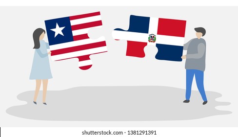 Couple holding two puzzles pieces with Liberian and Dominican flags. Liberia and Dominican Republic national symbols together.