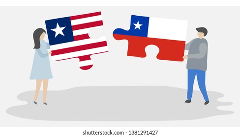 Couple holding two puzzles pieces with Liberian and Chilean flags. Liberia and Chile national symbols together.