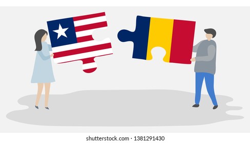 Couple holding two puzzles pieces with Liberian and Chadian flags. Liberia and Chad national symbols together.