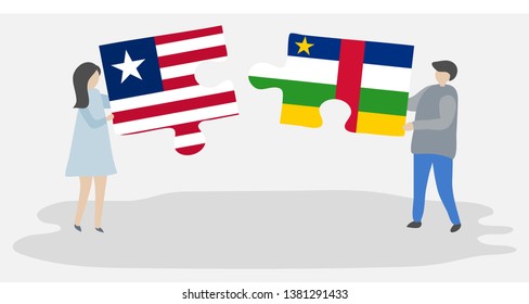 Couple holding two puzzles pieces with Liberian and Central African flags. Liberia and Central African Republic national symbols together.