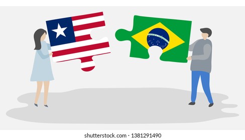 Couple holding two puzzles pieces with Liberian and Brazilian flags. Liberia and Brazil national symbols together.