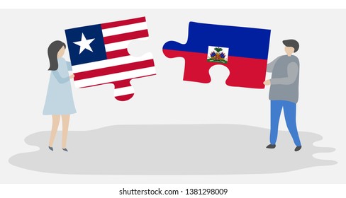 Couple holding two puzzles pieces with Liberian and Haitian flags. Liberia and Haiti national symbols together.