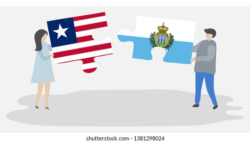 Couple holding two puzzles pieces with Liberian and Sammarinese flags. Liberia and San Marino national symbols together.