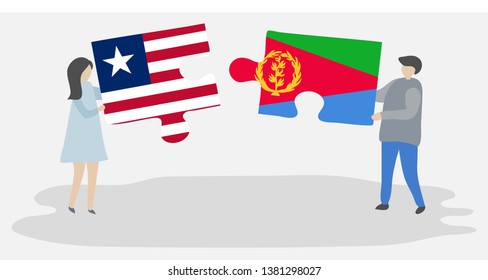 Couple holding two puzzles pieces with Liberian and Eritrean flags. Liberia and Eritrea national symbols together.
