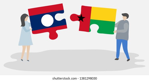Couple holding two puzzles pieces with Lao and Bissau-Guinean flags. Laos and Guinea-Bissau national symbols together.