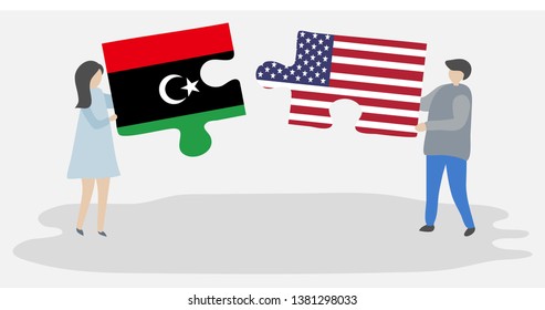 Couple holding two puzzles pieces with Libyan and American flags. Libya and United States of America national symbols together.