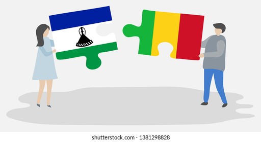 Couple holding two puzzles pieces with Basotho and Malian flags. Lesotho and Mali national symbols together.