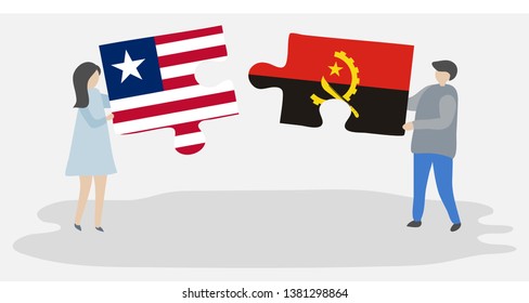 Couple holding two puzzles pieces with Liberian and Angolan flags. Liberia and Angola national symbols together.