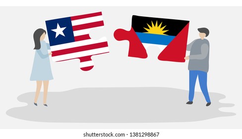 Couple holding two puzzles pieces with Liberian and Antiguan flags. Liberia and Antigua and Barbuda national symbols together.