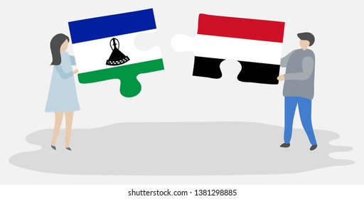 Couple holding two puzzles pieces with Basotho and Yemeni flags. Lesotho and Yemen national symbols together.