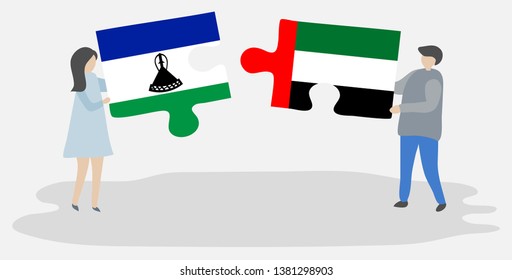 Couple holding two puzzles pieces with Basotho and Emirian flags. Lesotho and United Arab Emirates national symbols together.