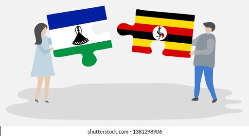 Couple holding two puzzles pieces with Basotho and Ugandan flags. Lesotho and Uganda national symbols together.