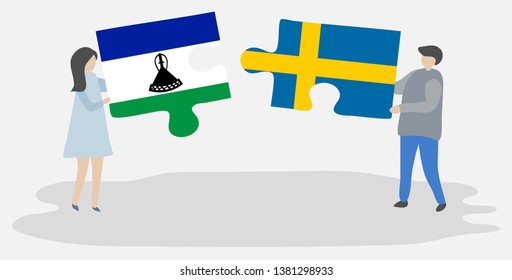 Couple holding two puzzles pieces with Basotho and Swedish flags. Lesotho and Sweden national symbols together.