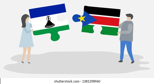 Couple holding two puzzles pieces with Basotho and South Sudanese flags. Lesotho and South Sudan national symbols together.