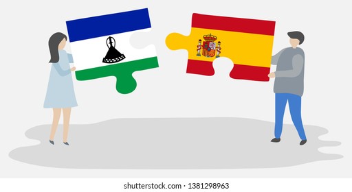 Couple holding two puzzles pieces with Basotho and Spanish flags. Lesotho and Spain national symbols together.