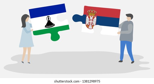 Couple holding two puzzles pieces with Basotho and Serbian flags. Lesotho and Serbia national symbols together.