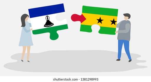 Couple holding two puzzles pieces with Basotho and Sao Tomean flags. Lesotho and Sao Tome and Principe national symbols together.