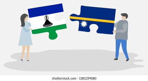 Couple holding two puzzles pieces with Basotho and Nauruan flags. Lesotho and Nauru national symbols together.