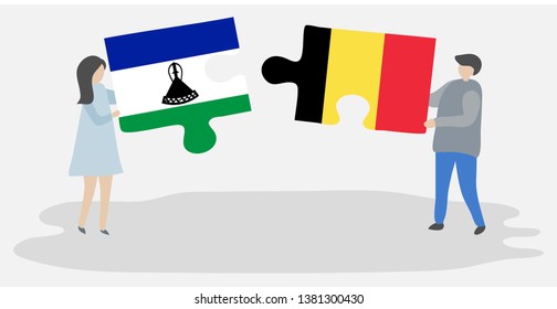 Couple holding two puzzles pieces with Basotho and Belgian flags. Lesotho and Belgium national symbols together.