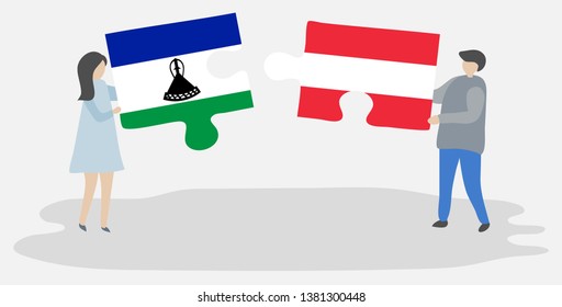 Couple holding two puzzles pieces with Basotho and Austrian flags. Lesotho and Austria national symbols together.