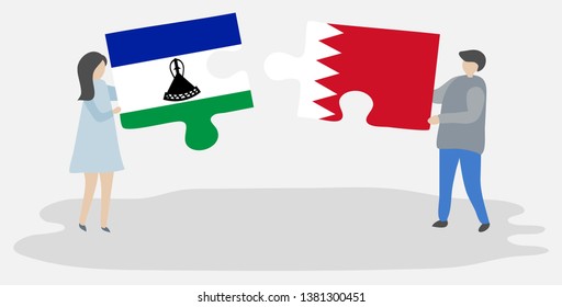 Couple holding two puzzles pieces with Basotho and Bahraini flags. Lesotho and Bahrain national symbols together.