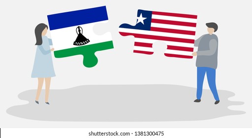 Couple holding two puzzles pieces with Basotho and Liberian flags. Lesotho and Liberia national symbols together.
