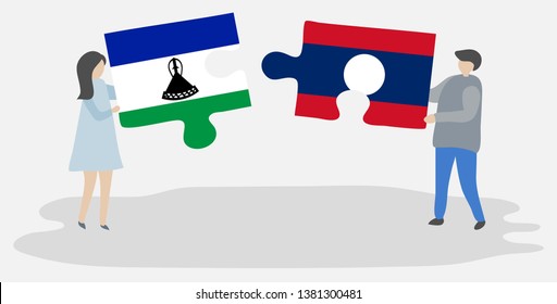 Couple holding two puzzles pieces with Basotho and Lao flags. Lesotho and Laos national symbols together.