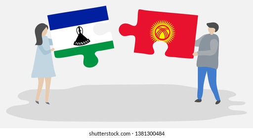 Couple holding two puzzles pieces with Basotho and Kirgiz flags. Lesotho and Kyrgyzstan national symbols together.