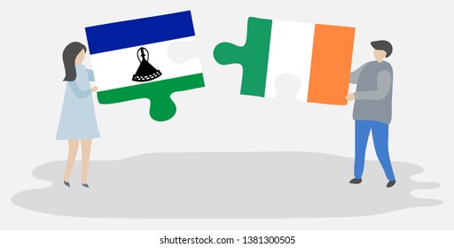 Couple holding two puzzles pieces with Basotho and Irish flags. Lesotho and Ireland national symbols together.