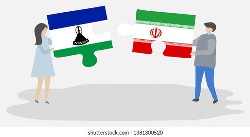 Couple holding two puzzles pieces with Basotho and Iranian flags. Lesotho and Iran national symbols together.