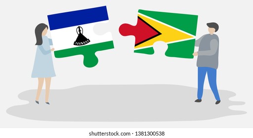 Couple holding two puzzles pieces with Basotho and Guyanese flags. Lesotho and Guyana national symbols together.