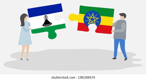 Couple holding two puzzles pieces with Basotho and Ethiopian flags. Lesotho and Ethiopia national symbols together.