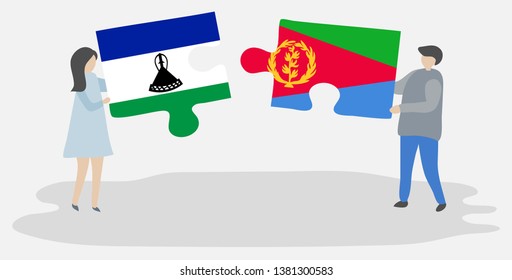 Couple holding two puzzles pieces with Basotho and Eritrean flags. Lesotho and Eritrea national symbols together.