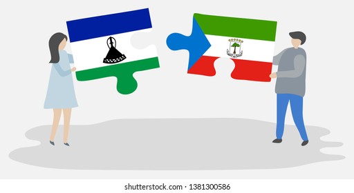 Couple holding two puzzles pieces with Basotho and Equatorial Guinean flags. Lesotho and Equatorial Guinea national symbols together.