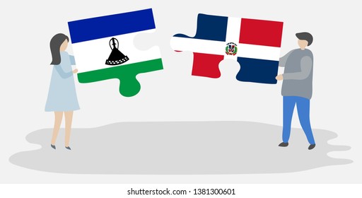 Couple holding two puzzles pieces with Basotho and Dominican flags. Lesotho and Dominican Republic national symbols together.