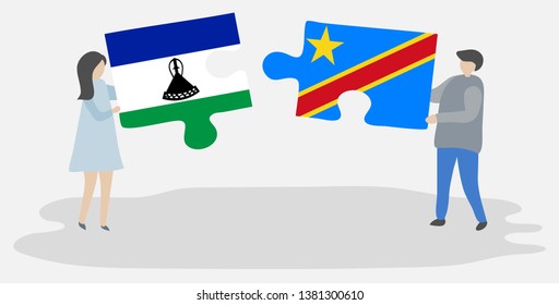 Couple holding two puzzles pieces with Basotho and Congolese flags. Lesotho and Democratic Republic of the Congo national symbols together.