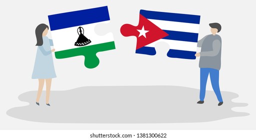 Couple holding two puzzles pieces with Basotho and Cuban flags. Lesotho and Cuba national symbols together.