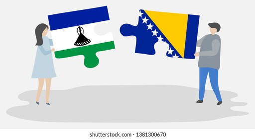 Couple holding two puzzles pieces with Basotho and Bosnian flags. Lesotho and Bosnia and Herzegovina national symbols together.
