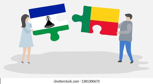 Couple holding two puzzles pieces with Basotho and Beninese flags. Lesotho and Benin national symbols together.